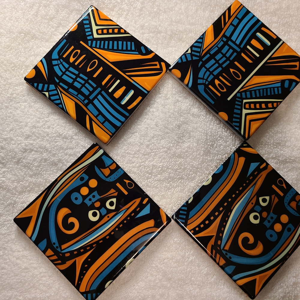 Abstract Ceramic Coasters Set - Blue and Orange